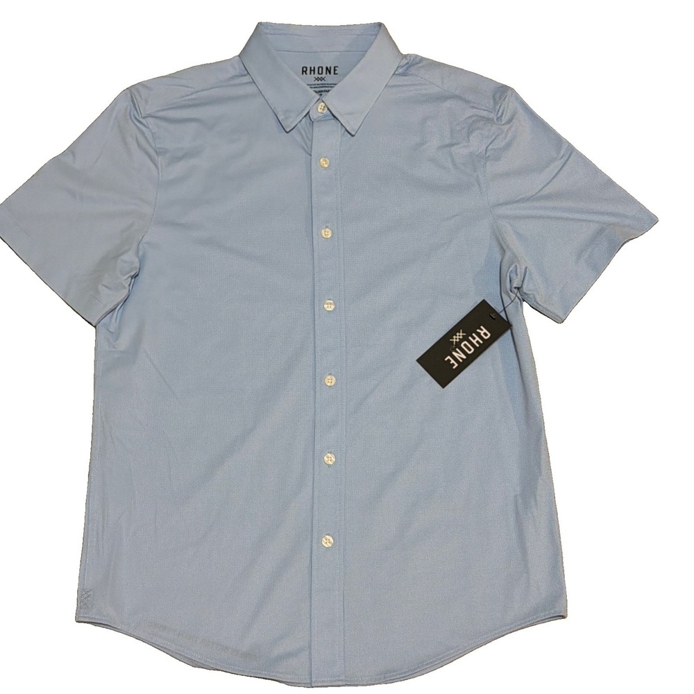 Rhône Men's Small Blue Mini Windowpane Commuter Short Sleeve Shirt NEW